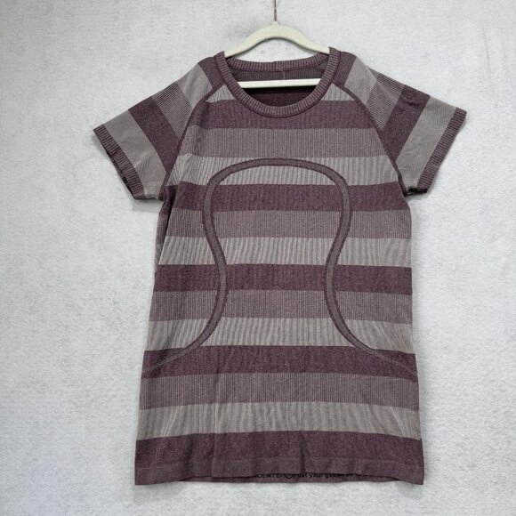 Lululemon Shirt Womens 10 Purple Striped Short Sleeve Crew Neck Seamless Tee - Picture 1 of 7